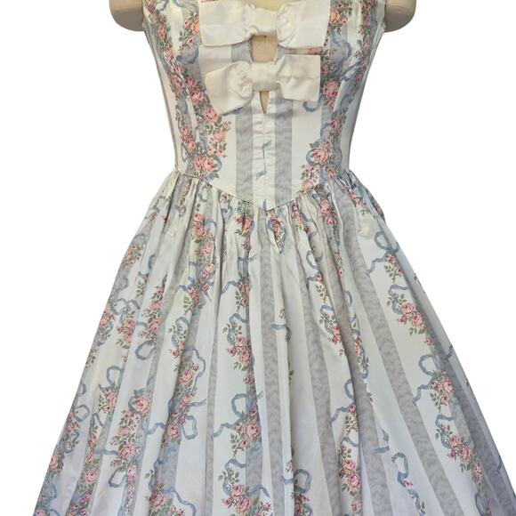 Gunne Sax Vintage 80s Strapless Satin Princess Dress Size 9 Floral Stripe Bows - Picture 5 of 10